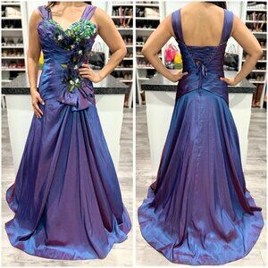 Precious Formals Purple Peacock Taffeta Y2K Formal Gown $420
